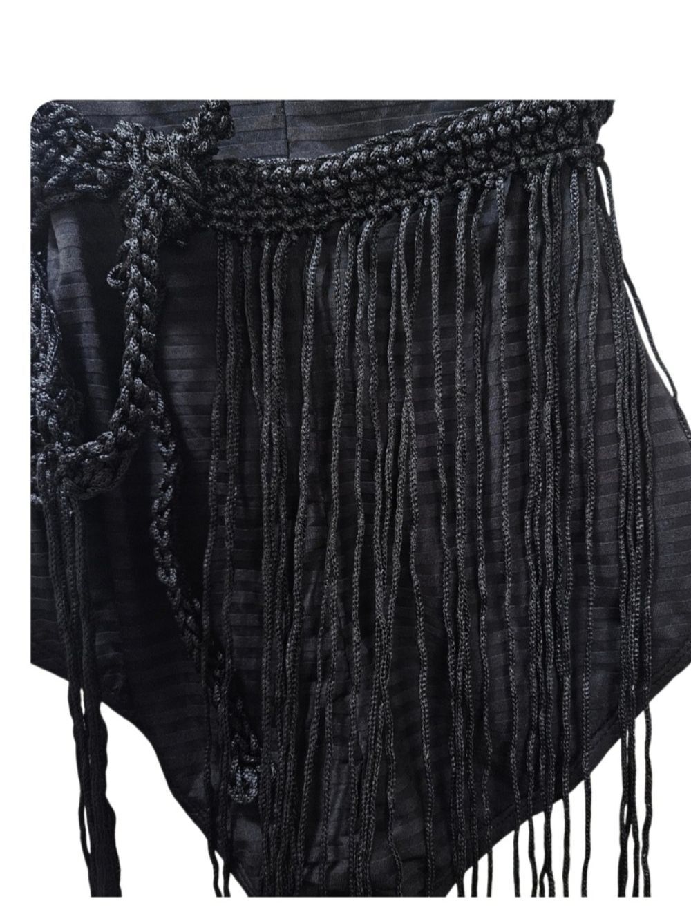 BLACK HAND CRAFTED CROCHET FRINGE HALTER TOP VNECK 2-WAY FESTIVAL BEACH COVER UP - Picture 7 of 17